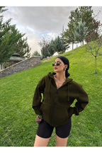 Haki Kadın Düz Fermuarlı Oversize Hırka Sweatshirt - Haki - 1