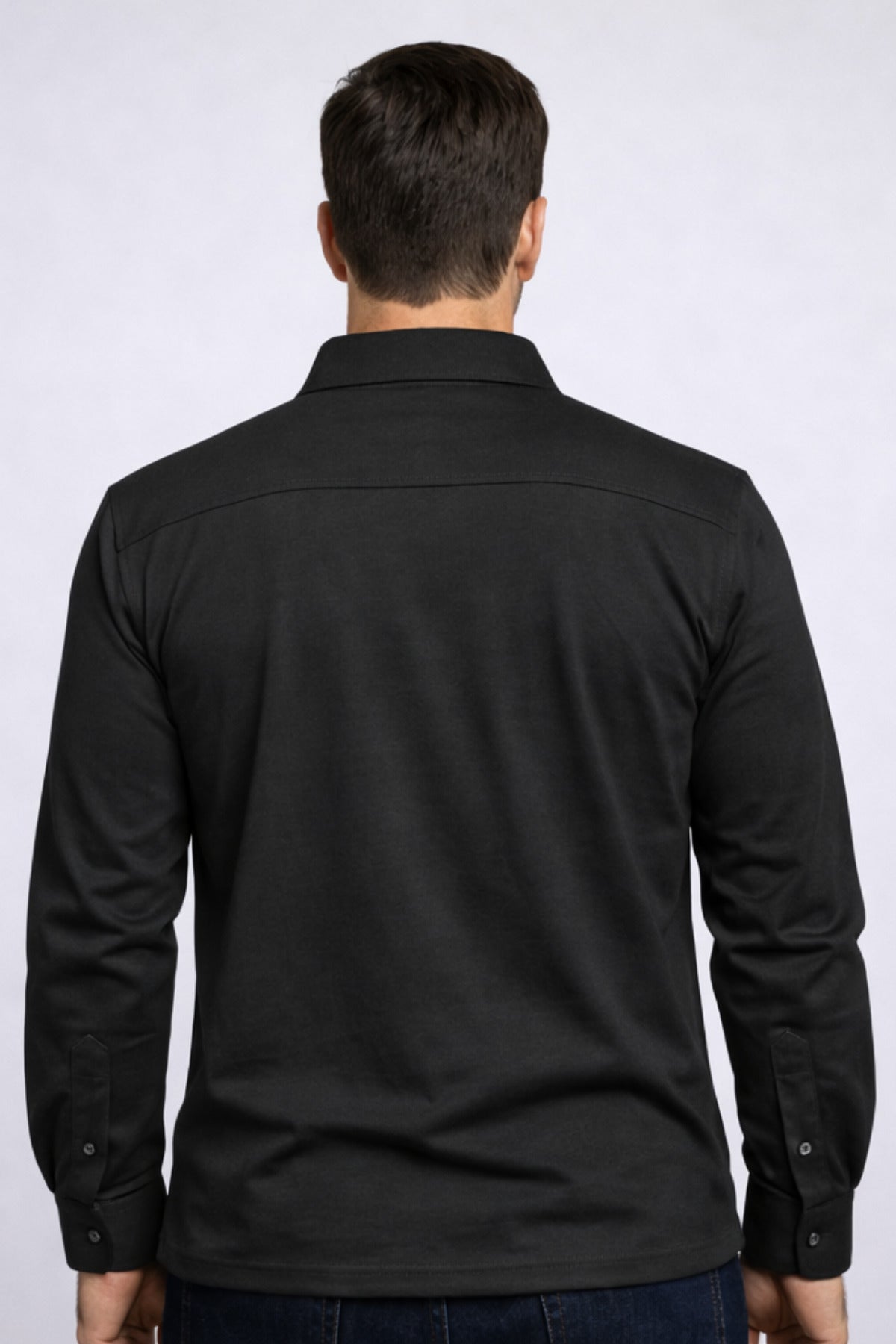 Erkek Gömlek Yaka Uzun Kollu Cepli Basic Geniş Kalıp Tişört Regular Fit - Siyah - 3