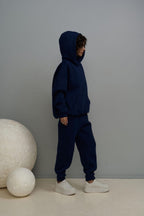 Kadın Eşofman Takımı Sweatshirt Jogger Laci̇vert Oversize Şardonlu Kapüşonlu - Lacivert - 2