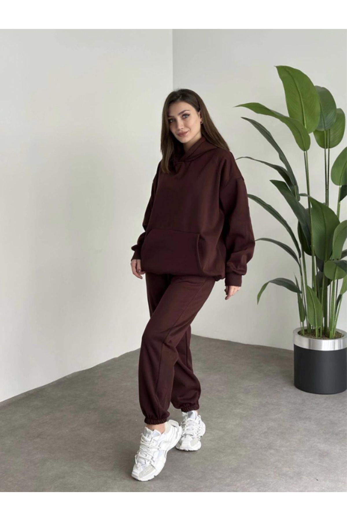 Kadın Kahverengi Brooklyn Oversize Kapşonlu Alt Üst Eşofman Takımı - Brown - 1