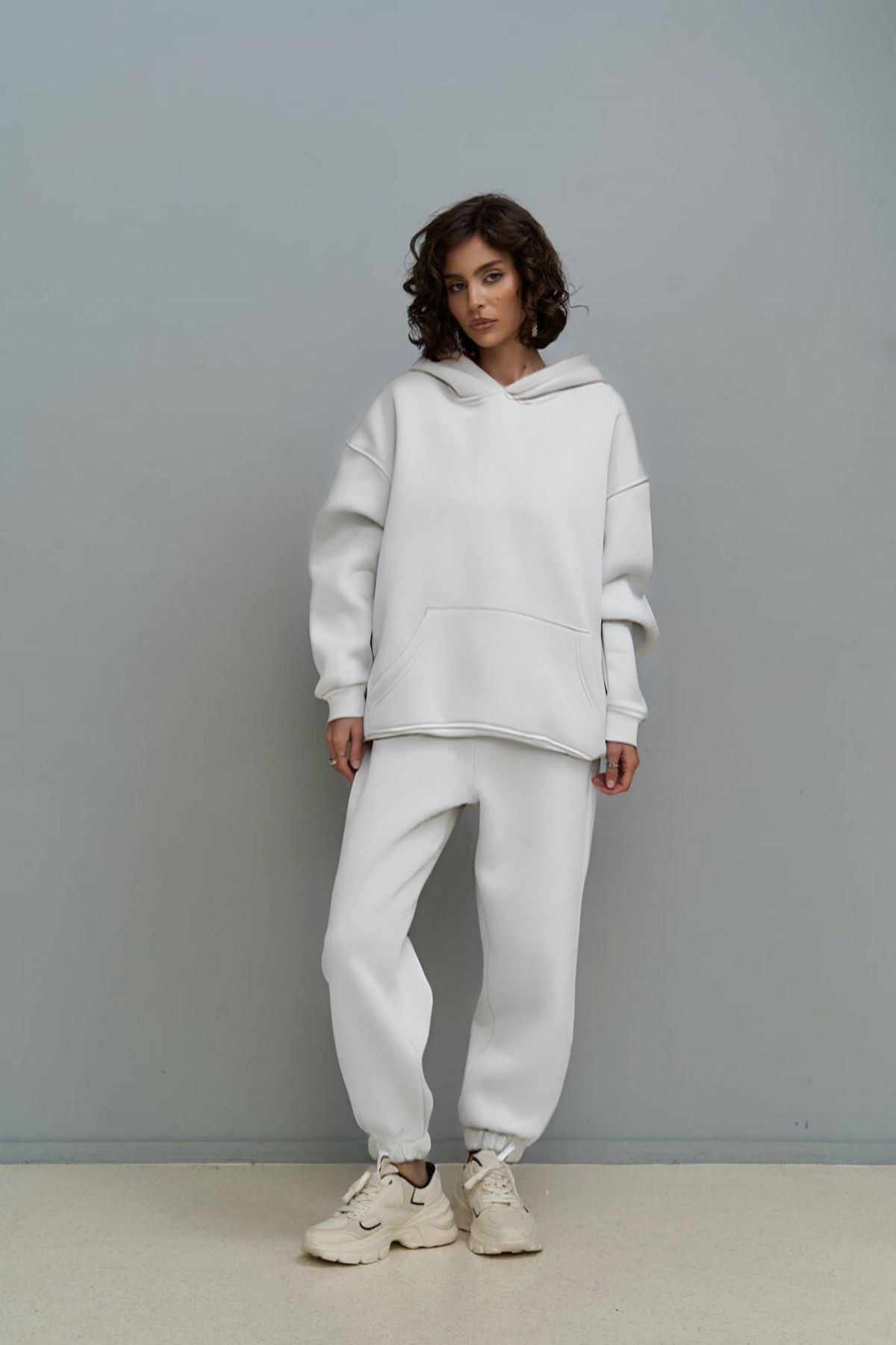 Kadın Eşofman Takımı Sweatshirt Jogger Beyaz Oversize Şardonlu Kapüşonlu - Beyaz - 2