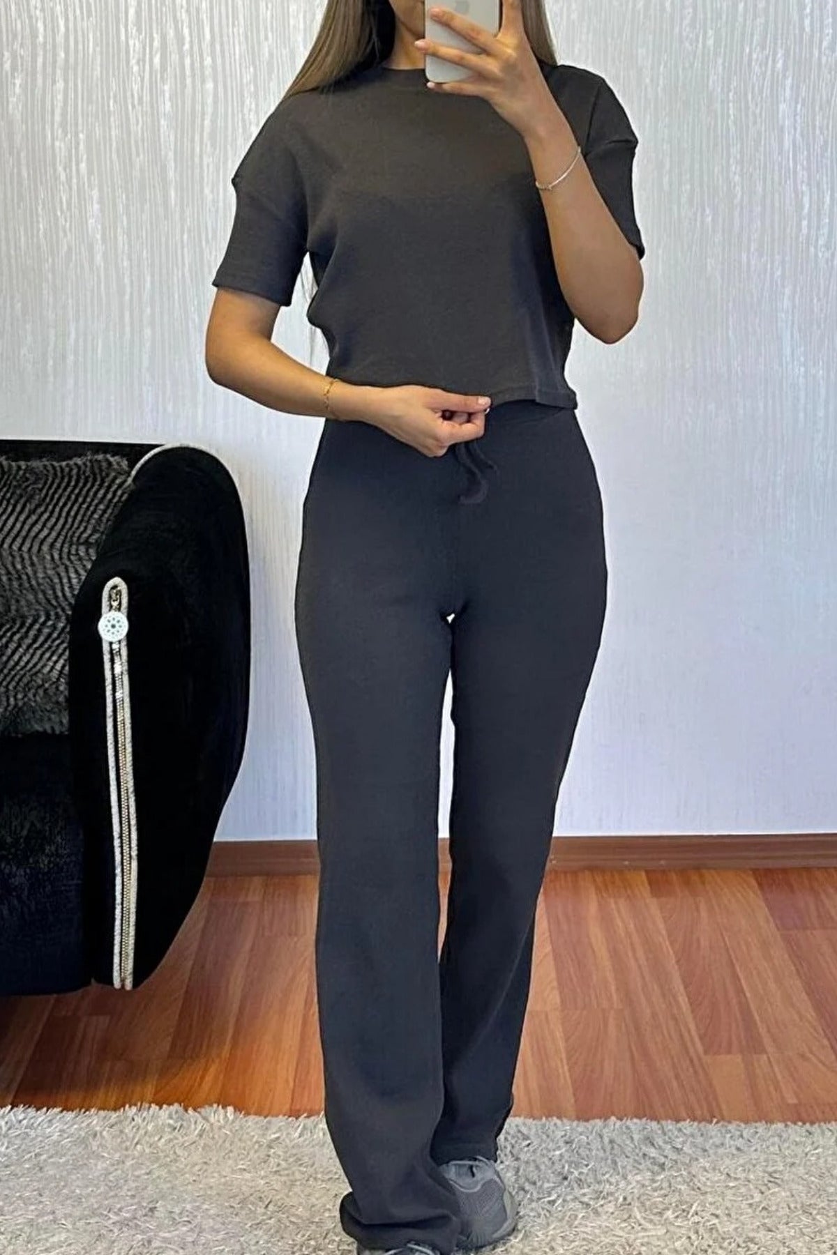Kadin Kisa Kollu Fi̇ti̇lli̇ Yumuşak Pi̇jama Takimi - Füme - 1