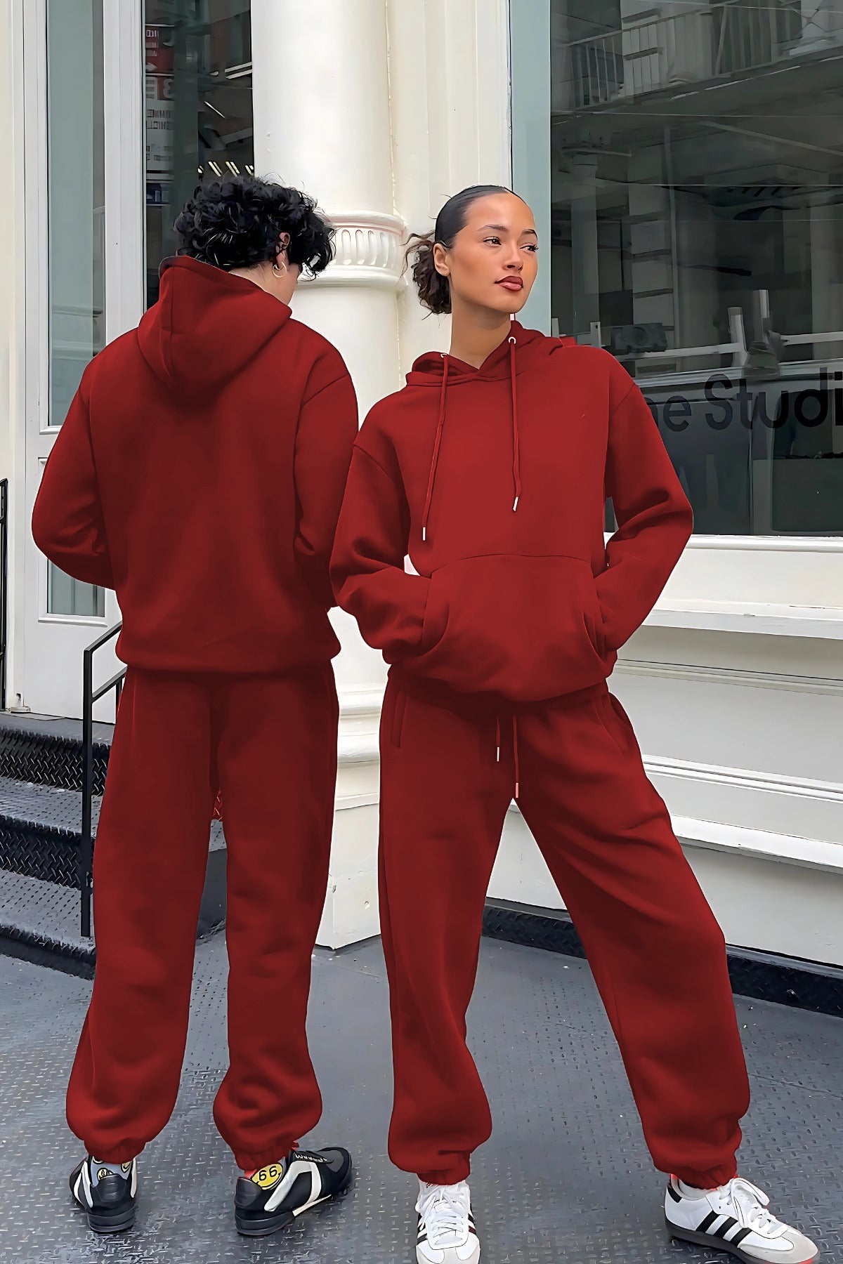 Kadın Erkek Trend Model Çiftlere Özel 3 İ̇plik Oversize Tekli Eşofman Takımı - Kırmızı - 2