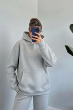 Kadın Oversize Trend Model Kanguru Cep Kapşonlu Sweatshirt Eşofman Takımı - Gri Melanj - 2