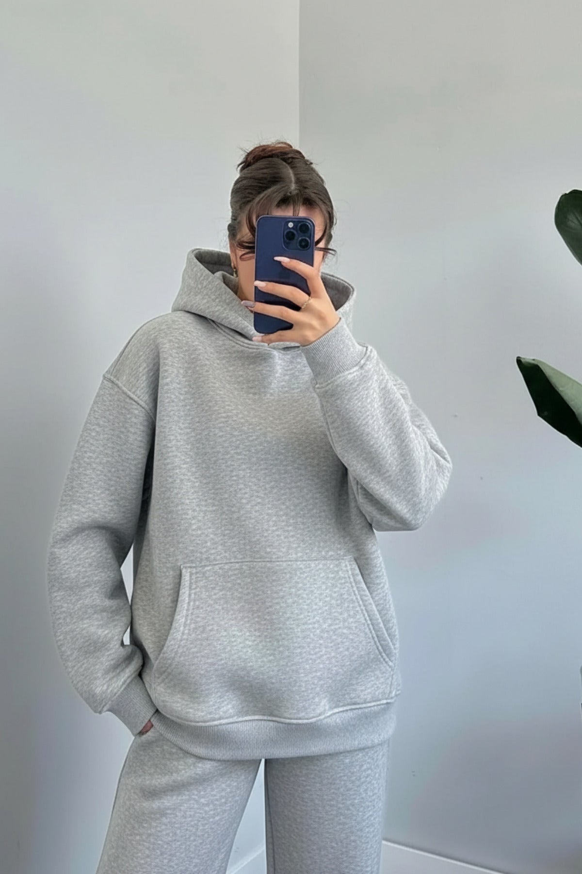 Kadın Oversize Trend Model Kanguru Cep Kapşonlu Sweatshirt Eşofman Takımı - Gri Melanj - 2