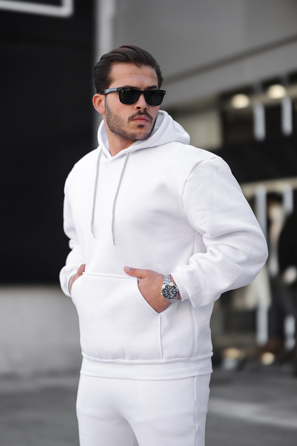 Erkek Bol Kesim Oversize 3 İ̇plik İ̇çi Pamuklu Şardonlu Kanguru Cep Kapşonlu Kışlık Hoodie Sweatshirt - Beyaz - 3