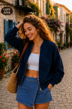 Kadın Fermuarlı Oversize Bomber Basic Mevsimlik Günlük Ceket - Lacivert - 3