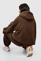 Kadın 3 İ̇plik Kanguru Cep Kapşonlu Hoodie Paçası Lastikli Kalın Eşofman Takımı - Kahverengi - 3