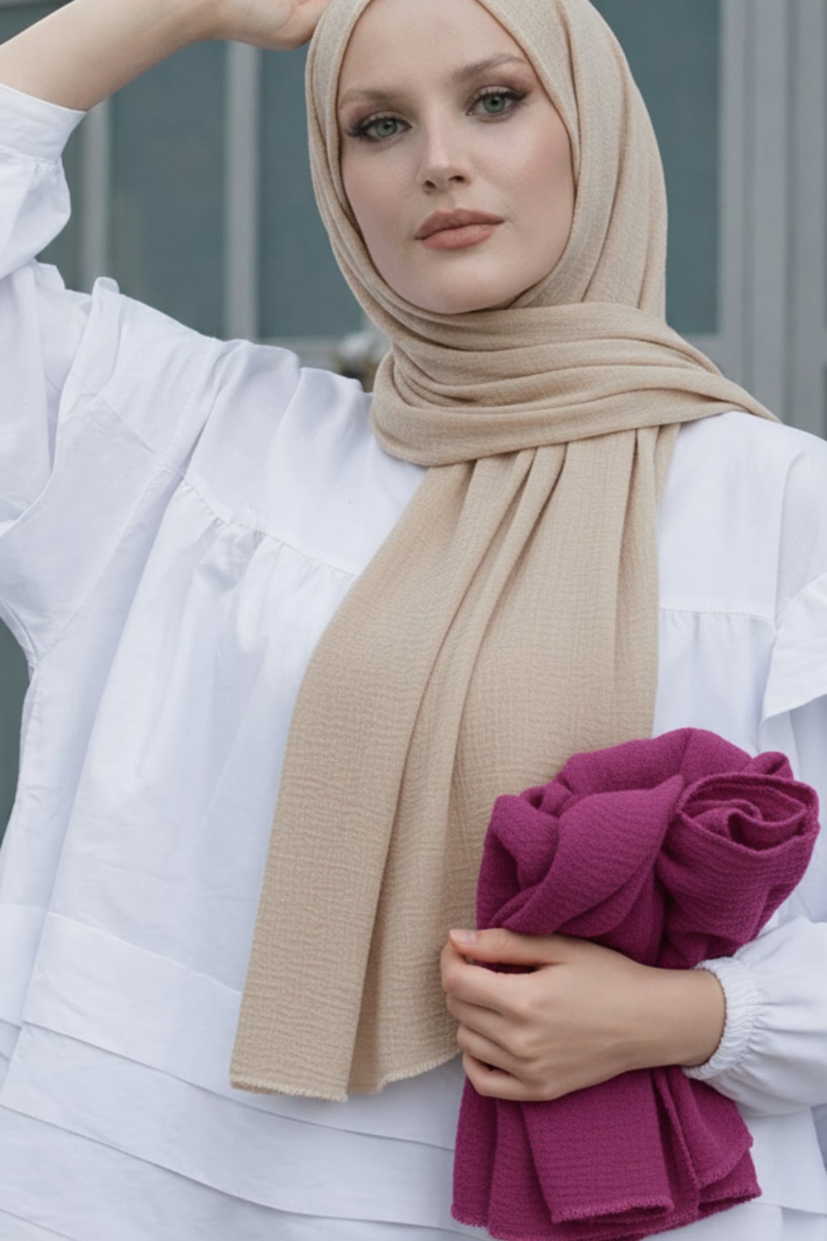 Kadın Dokulu Bürümcük 2'li Tesettür Şal 180x75 - Bej-Mor - 4