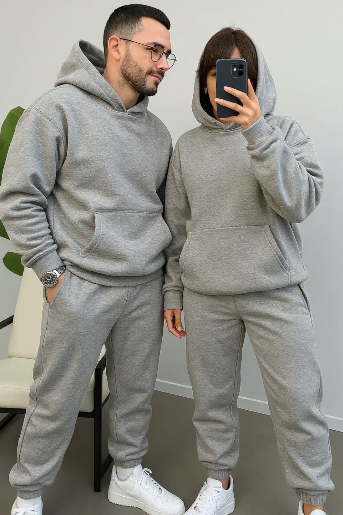 Kadın Erkek Trend Model Çiftlere Özel 3 İplik Oversize Kışlık Kalın Eşofman Takımı (tekli̇) - Melanj Gri - 2