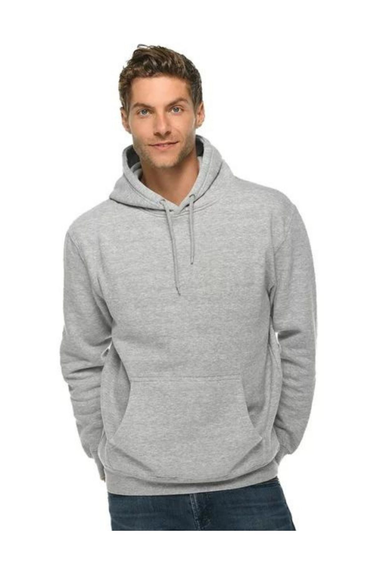 Unisex Gri Baskısız Kanguru Cepli Kapüşonlu 3 İ̇plik Şardonlu Sweatshirt Oversize Hoodie - Gri - 3