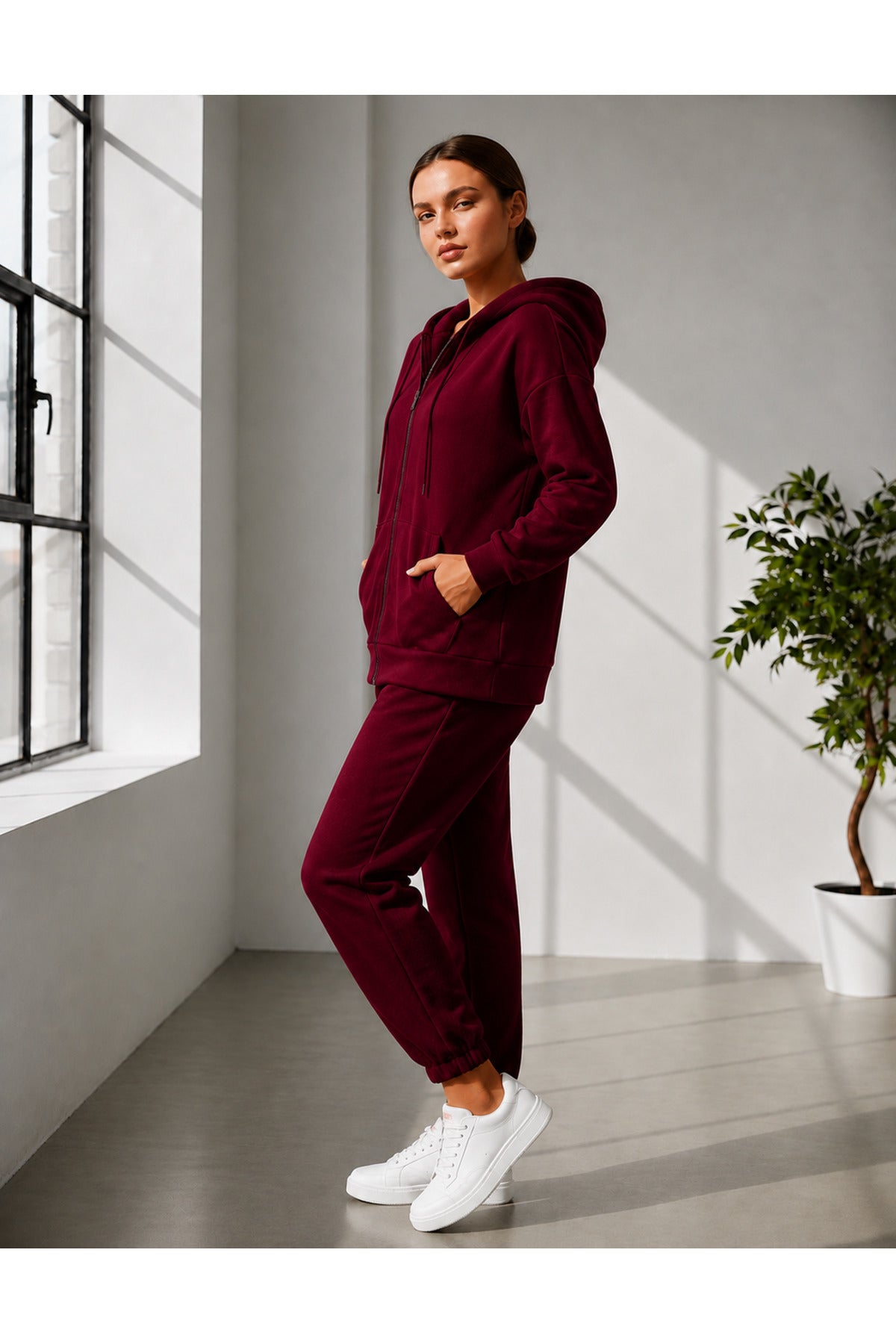 Kadin 3 İ̇pli̇ş Kapüşonlu Fermuarli Sweatshirt Hirka Yüksek Bel Jogger Eşofman Takimi - Bordo - 3