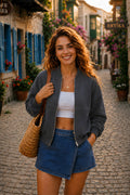 Kadın Fermuarlı Oversize Bomber Basic Mevsimlik Günlük Ceket - Füme - 1