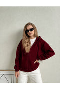 Kadin 3 İ̇pli̇k Kapüşonlu Fermuarli Oversi̇ze Sweatshirt Hirka - Bordo - 1