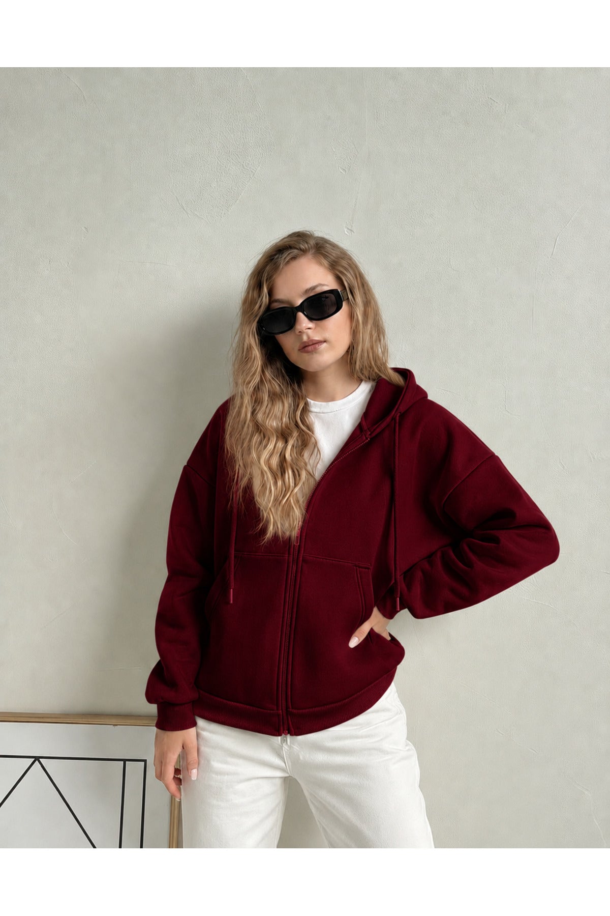 Kadin 3 İ̇pli̇k Kapüşonlu Fermuarli Oversi̇ze Sweatshirt Hirka - Bordo - 1