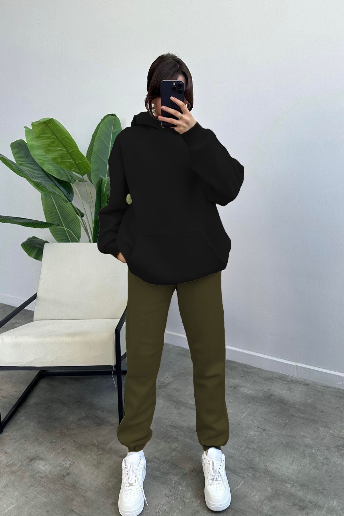 Kadın Kapşonlu Sweatshirt Jogger Eşofman Takımı - Siyah Haki - 1