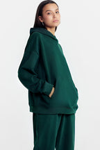 Kadın Baskısız Düz İ̇çi Şardonlu Kalın Kışlık Sweatshirt - Koyu Yeşil - 2