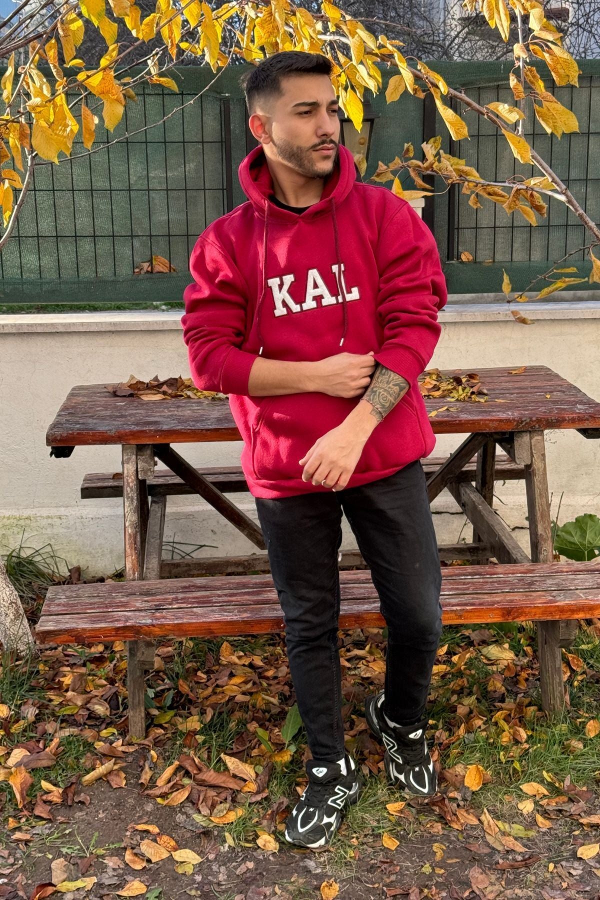 Unisex Kal Nakışlı Baskılı İ̇çi Polarlı Oversize Kapüşonlu Hoodie Sweatshirt - Kırmızı - 4