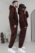 Çiftlere Özel Basic Oversize Kapşonlu Eşofman Takımı - Kahverengi - 2