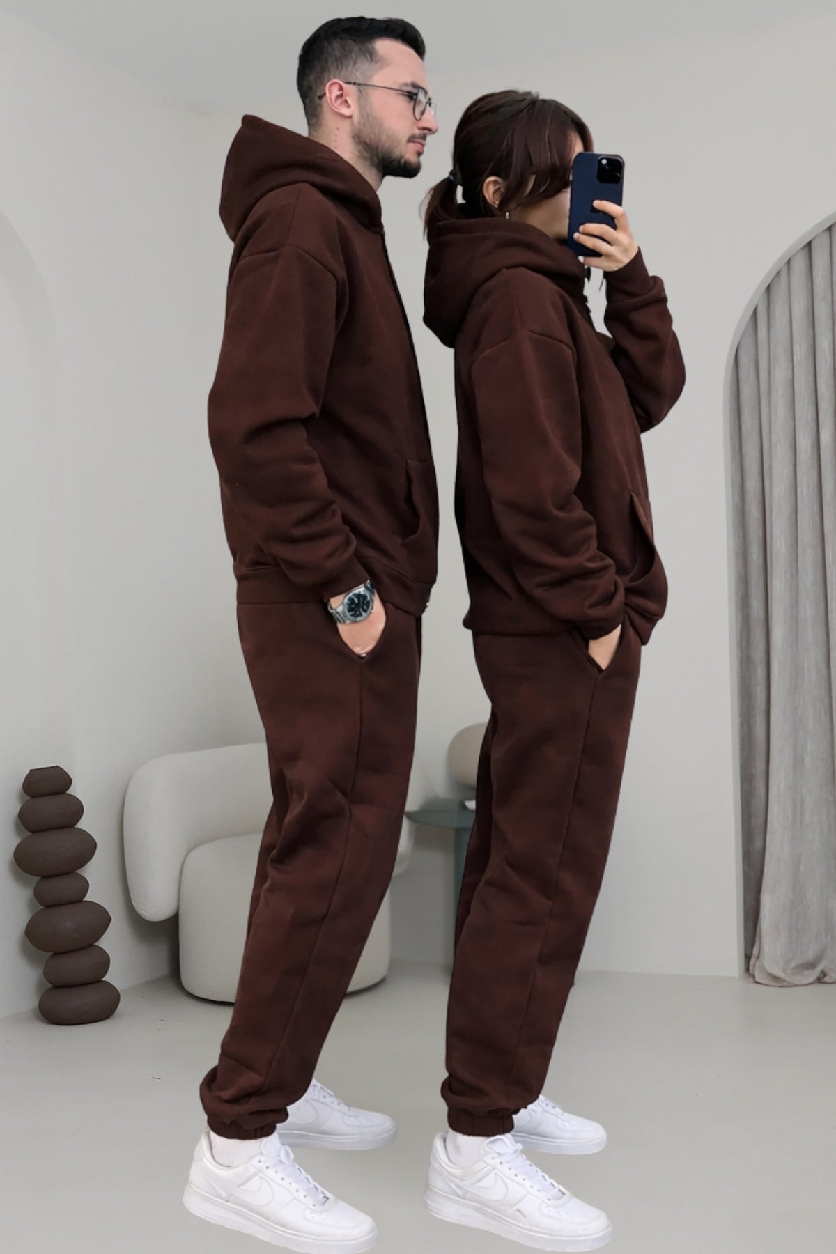 Çiftlere Özel Basic Oversize Kapşonlu Eşofman Takımı - Kahverengi - 2