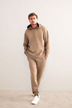 Erkek 3 İ̇plik Kapşonlu İ̇çi Pamuklu Bol Kesim Hoodie Kışlık Günlük Eşofman Takımı - Vizon - 3