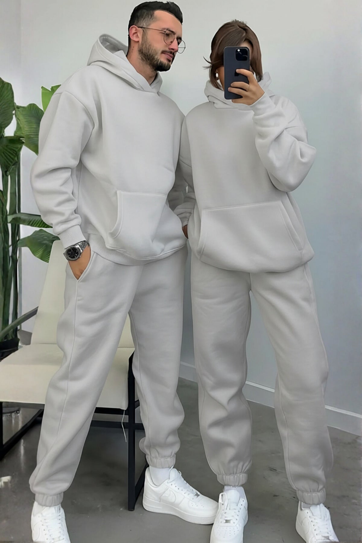 Kadın Erkek Trend Model Çiftlere Özel 3 İplik Oversize Kışlık Kalın Eşofman Takımı (tekli̇) - Soft Gri - 1