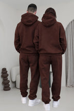 Çiftlere Özel Basic Oversize Kapşonlu Eşofman Takımı - Kahverengi - 3