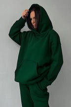 Kadın Hoodie Kanguru Cep Kapşonlu Sweatshirt Paçası Lastikli Alt Eşofman Takımı - Koyu Yeşil - 2