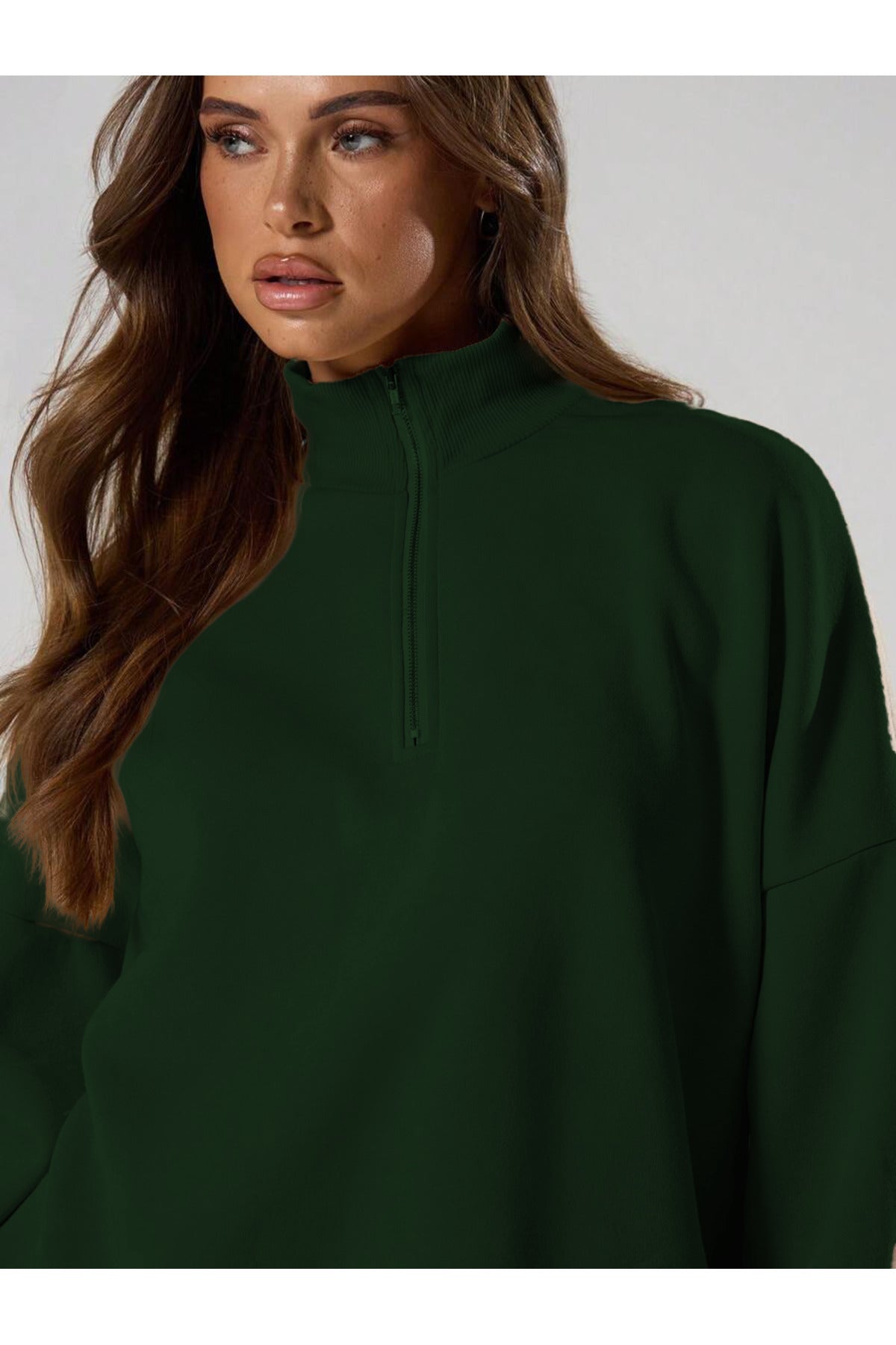 Kadın Yarım Fermuarlı Dik Yaka Kışlık Oversize Yeni Model Kazak - Koyıu Yeşil - 1