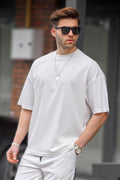 Erkek Oversize Penye Rahat Yazlık Kısa Kollu T-shirt - Beyaz - 1