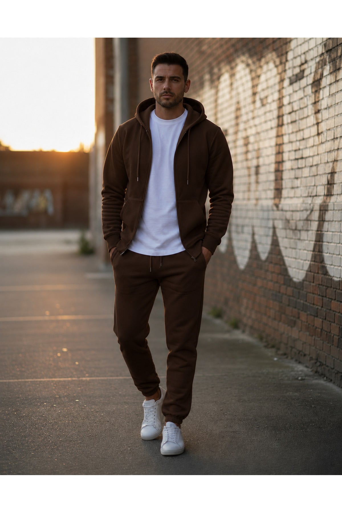 Erkek 3 İ̇pli̇k Fermuarli Kapüşonlu Oversi̇ze Sweatshirt Jogger Eşofman Takimi - Kahverengi - 3