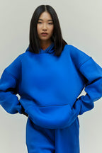 Kadın Rahat Oversize 3 İ̇plik Pamuklu Şardonlu Kanguru Cep Kapşonlu Sweatshirt - Saks Mavi - 1
