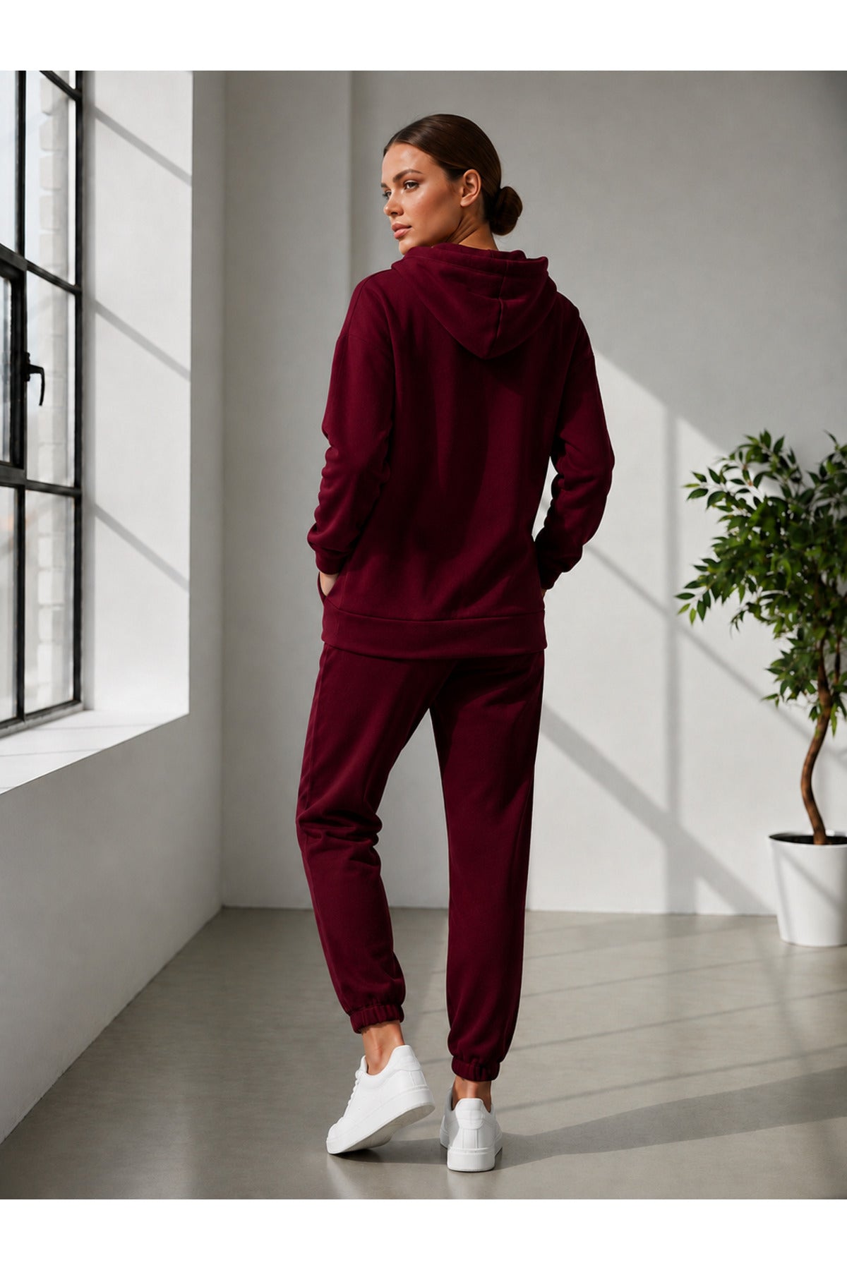 Kadin 3 İ̇pli̇ş Kapüşonlu Fermuarli Sweatshirt Hirka Yüksek Bel Jogger Eşofman Takimi - Bordo - 4