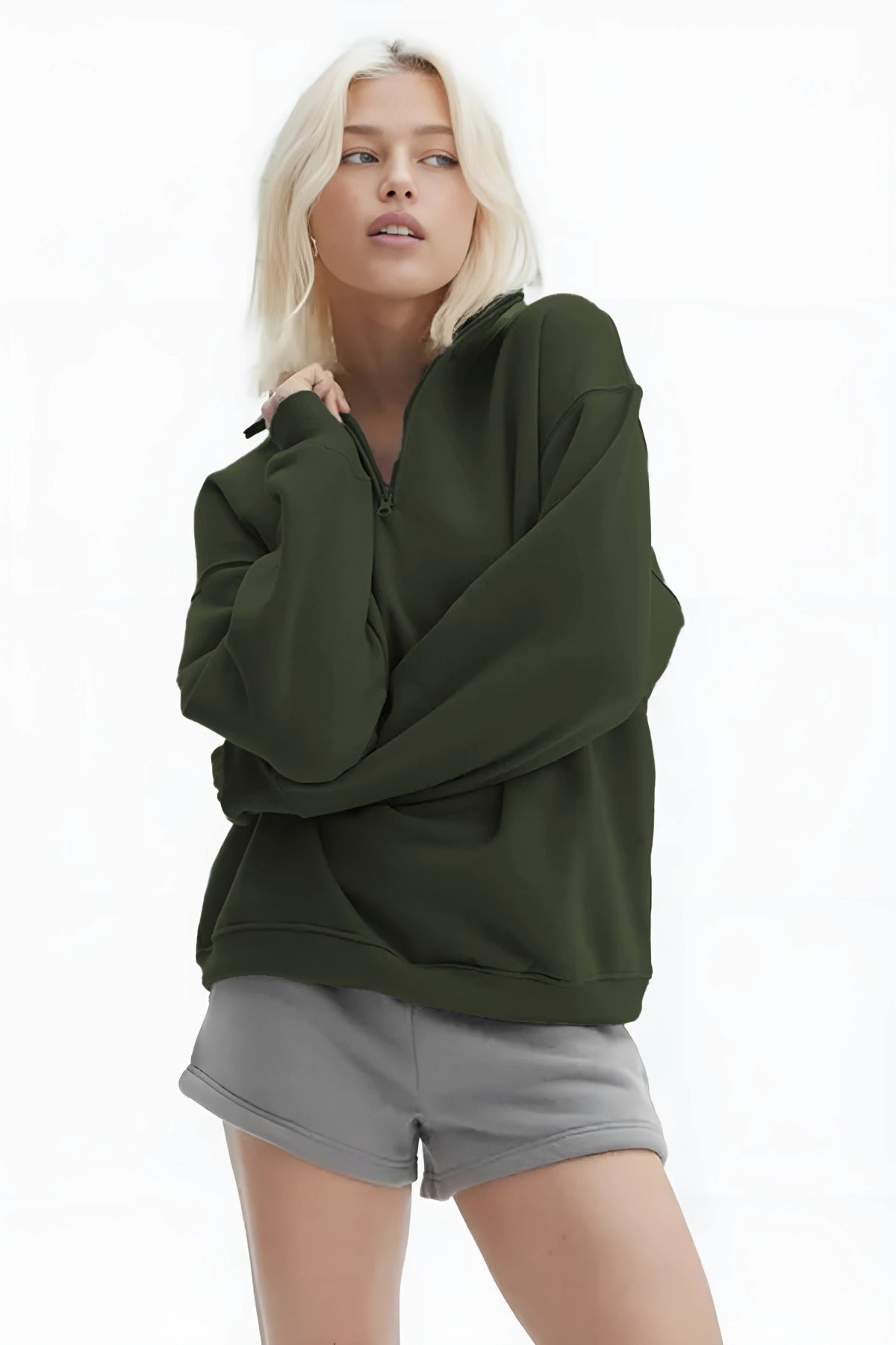 Kadın Yarım Fermuar Dik Yaka Uzun Kollu 3 İ̇plik Sweatshirt - Haki - 1