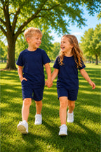 Çocuk Unisex Kisa Kollu Oversize Rahat Kesi̇m Beli̇ Bağlamali Li̇krali T-shi̇rt Şortlu Yazlik Takim - Lacivert - 1