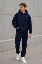 Erkek Oversize Kapüşonlu Sweatshirt Basic Hoodie Cepli - Lacivert - 3