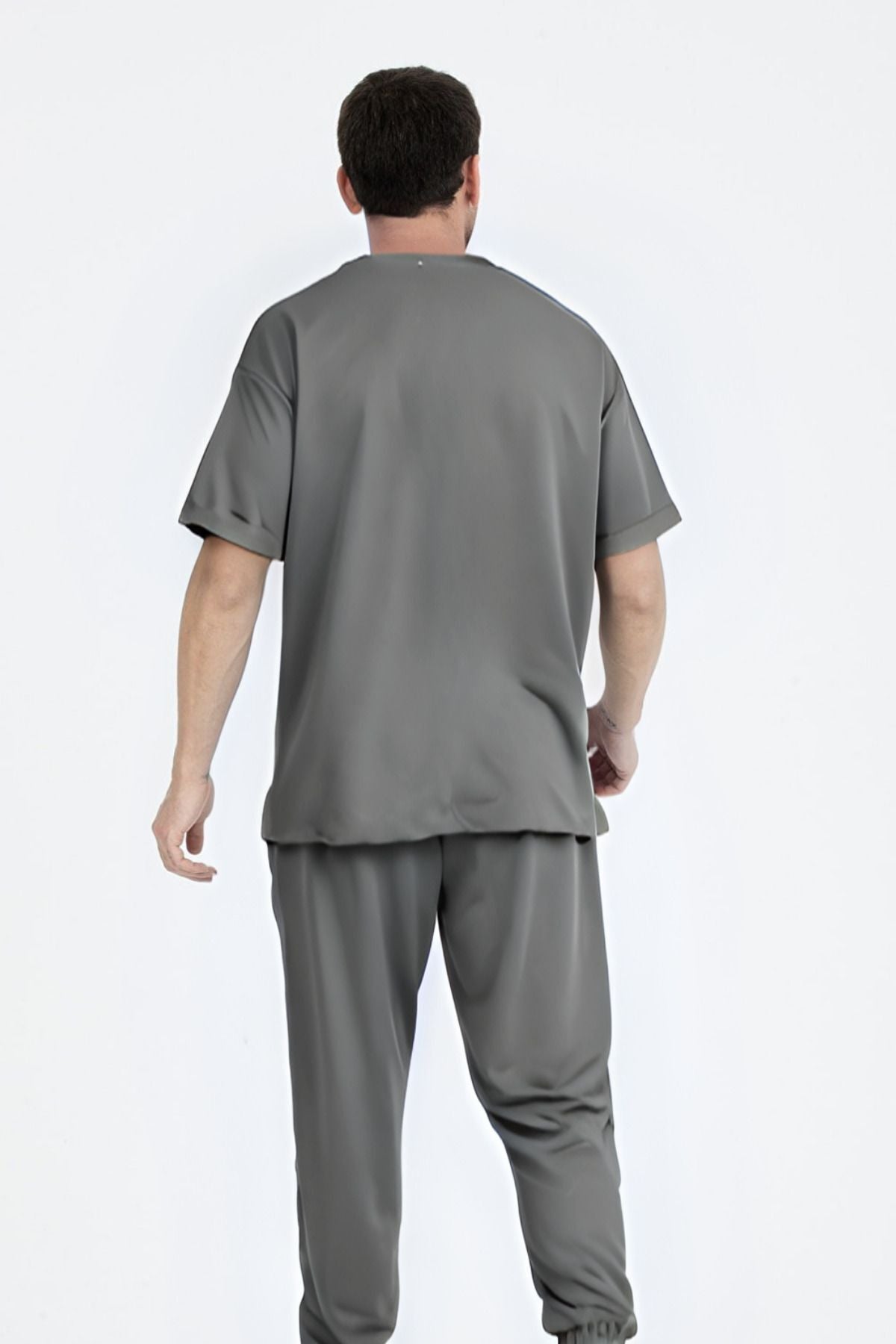 Erkek Bisiklet Yaka Kısa Kollu Oversize Pijama Takımı - Füme - 2