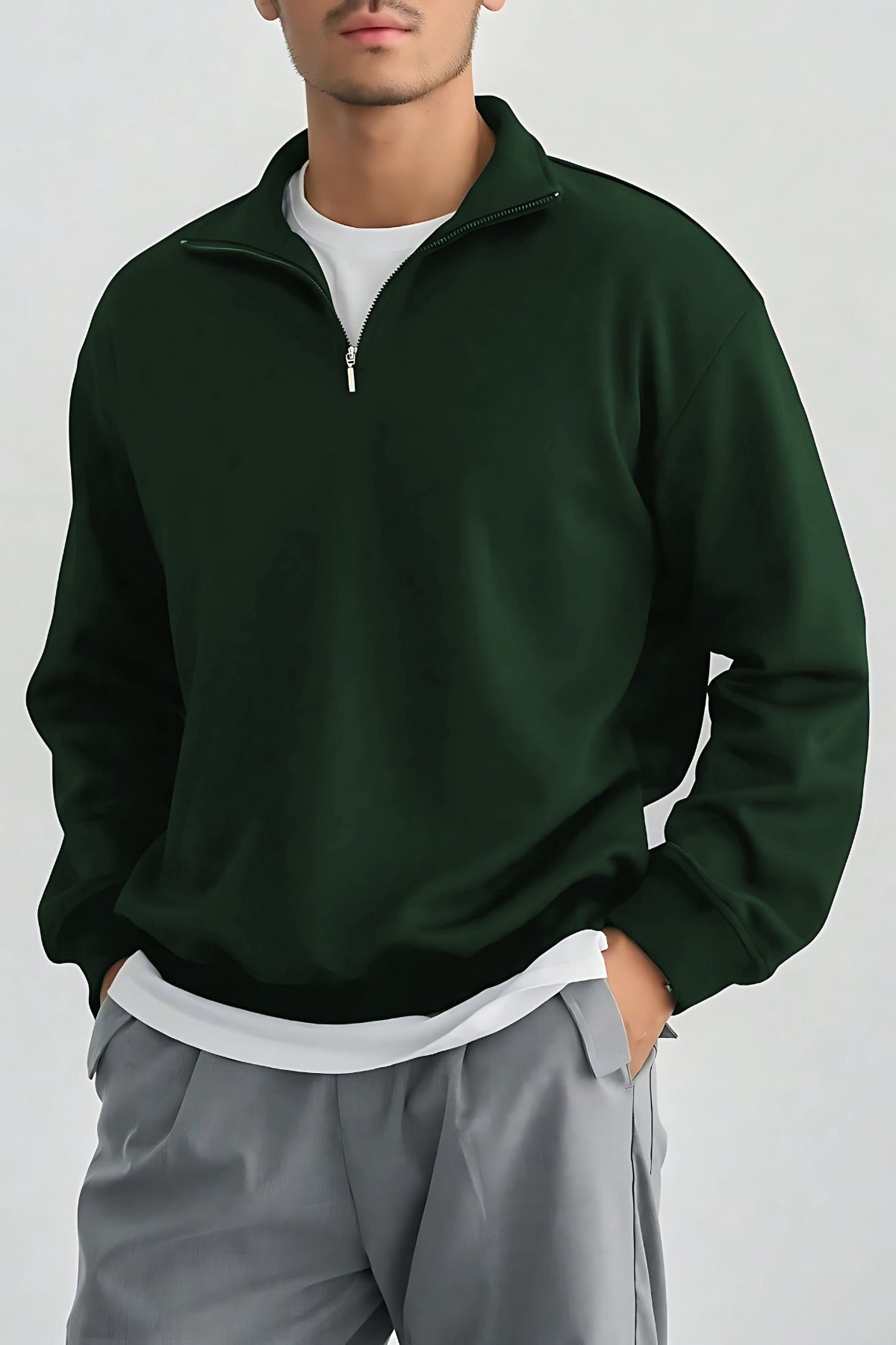 Erkek Dik Yaka Fermuarlı Sweatshirt 3 İplik Puf - Koyu Yeşil - 2
