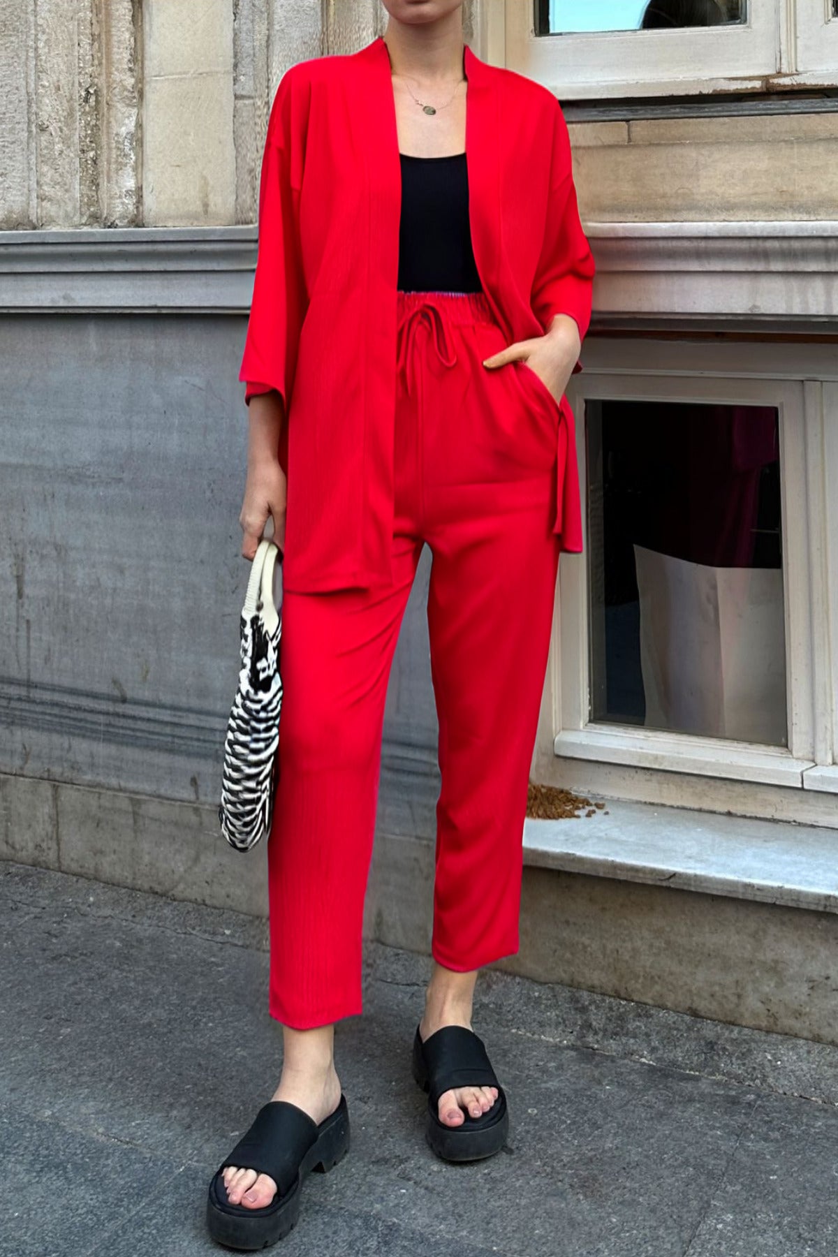 Kadın Dökümlü Bürümcük Yazlık Palazzo Trend Kimono Takım - Kırmızı - 8