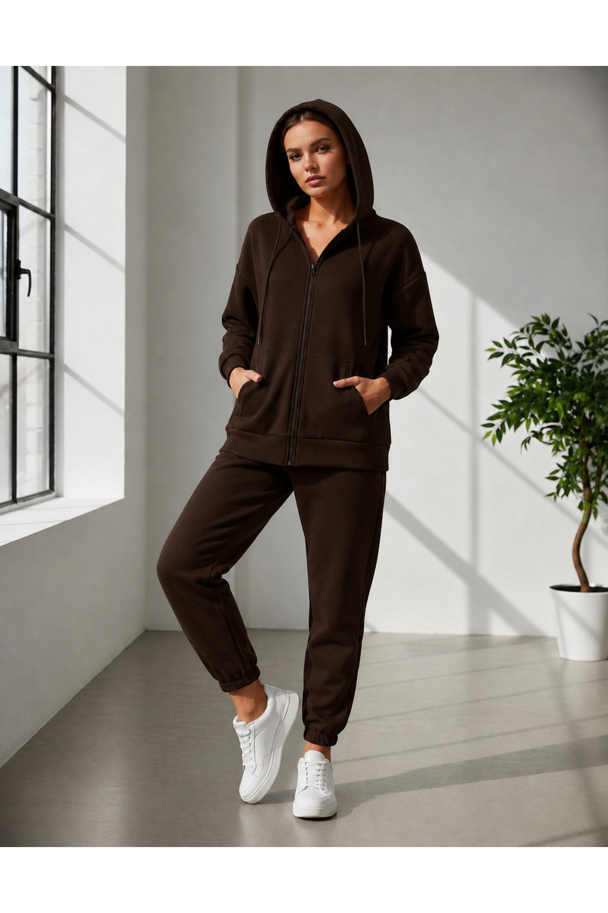 Kadin 3 İ̇pli̇ş Kapüşonlu Fermuarli Sweatshirt Hirka Yüksek Bel Jogger Eşofman Takimi - Kahverengi - 2