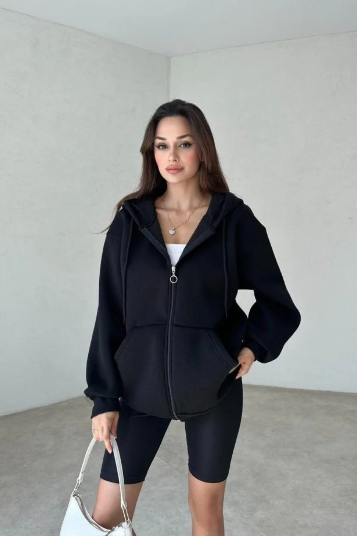 Kadın 3 İ̇plik Oversize Kapüşonlu Fermuarlı Hırka Sweatshirt - Black - 1