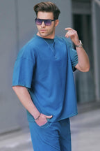 Erkek Oversize Penye Nefes Alan T-shirt - İndigo - 2