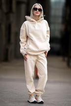 Kadin 3 İ̇pli̇k Jogger Paçasi Lasti̇kli̇ Hoodi̇e Eşofman Takimi - Bej - 3