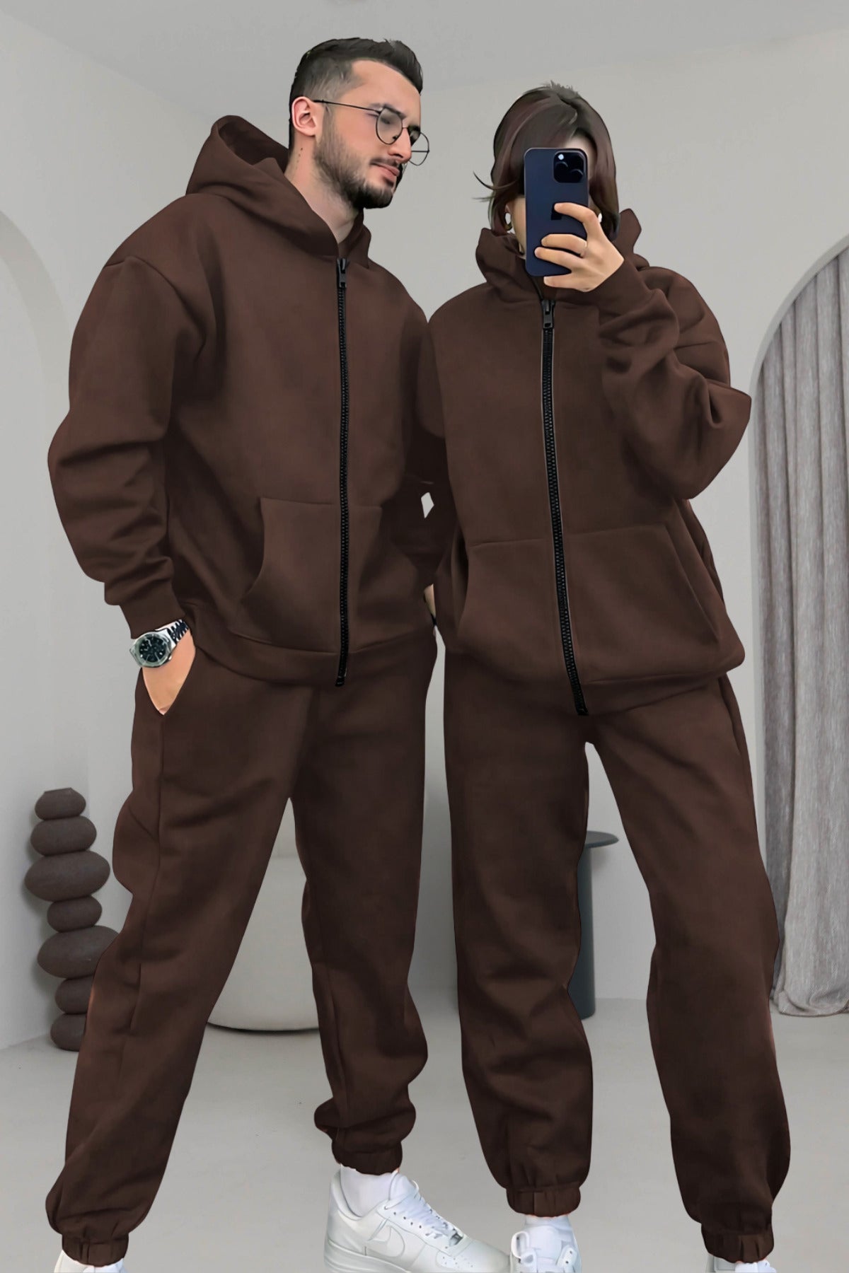 Çiftlere Özel Basic Oversize Kapşonlu Eşofman Takımı - Kahverengi - 1