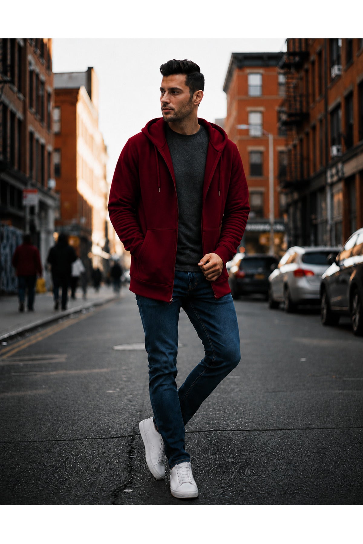 Erkek 3 İ̇pli̇k Şardonlu Oversi̇ze Fermuarli Sweatshirt Hirka - Bordo - 4