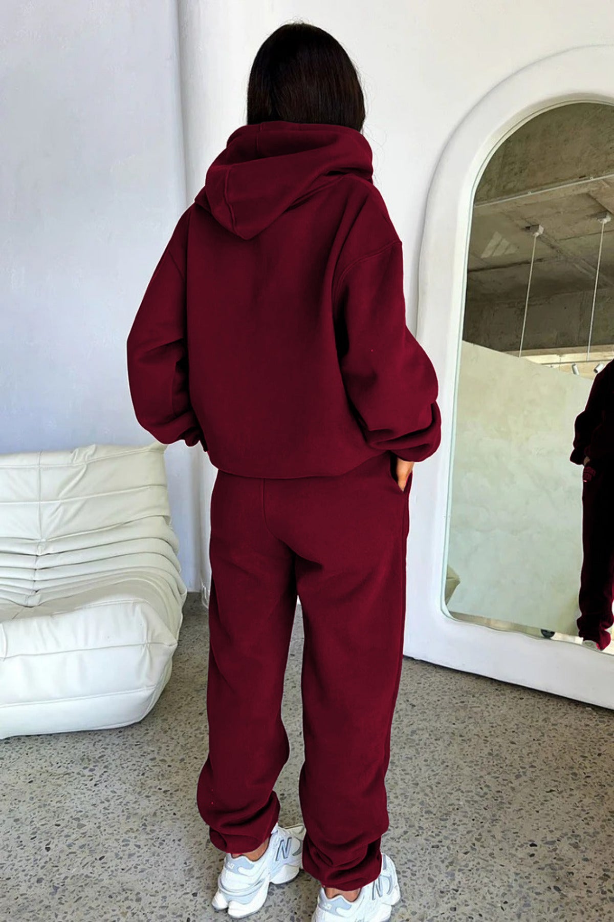 Kadın Yeni Sezon Basic Model Kapşonlu Eşofman Takımı - Bordo - 4