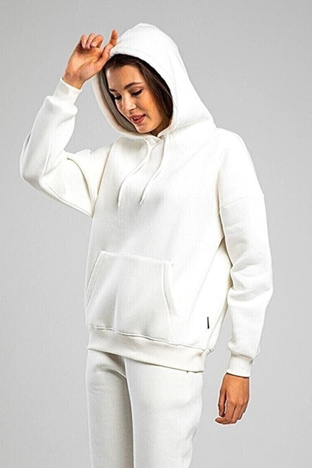 Kadın Rahat Kalıp Günlük Kapşonlu Sweatshirt - Beyaz - 2