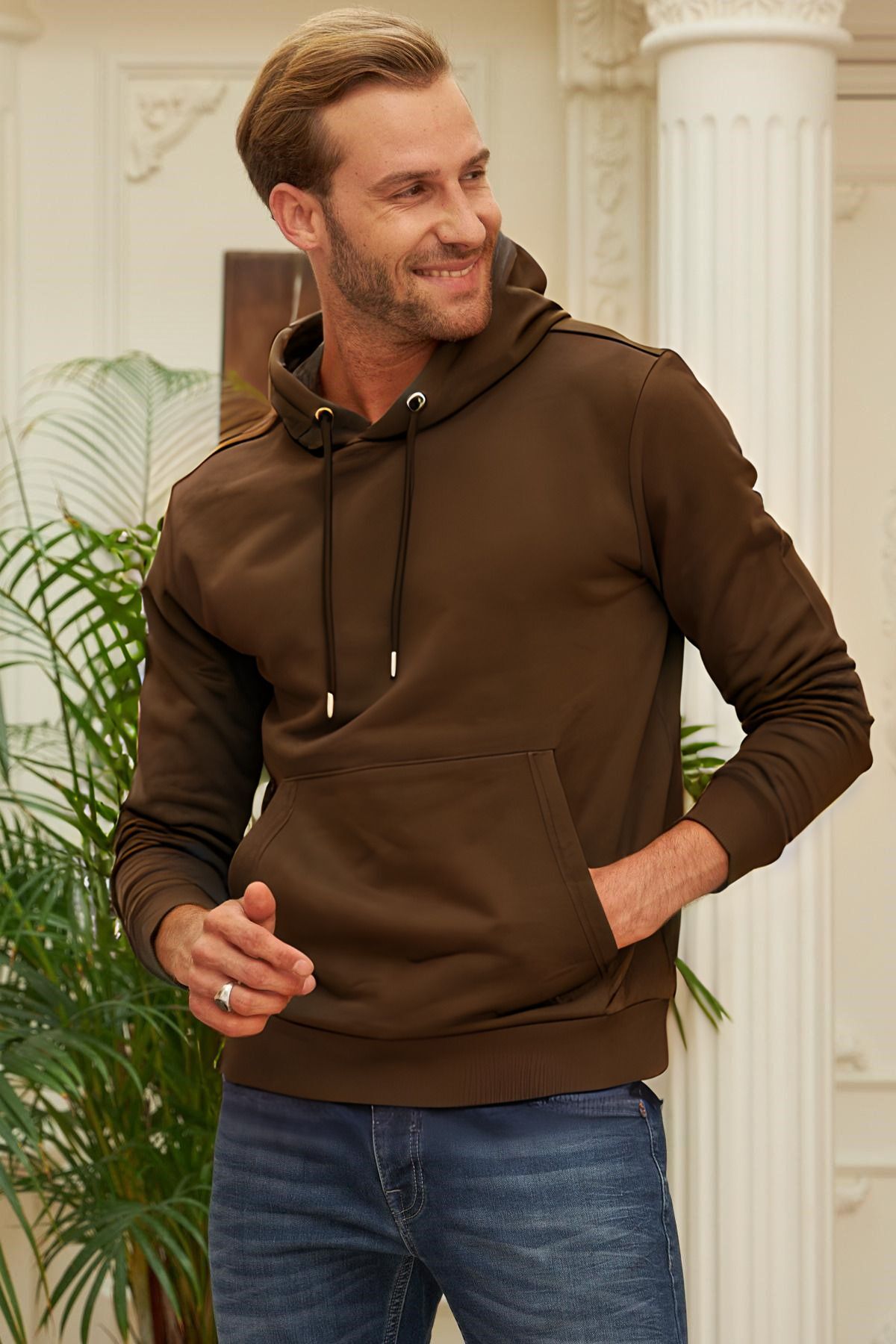 Erkek Kapşonlu Kanguru Cep Basic Sweatshirt - Kahverengi - 4