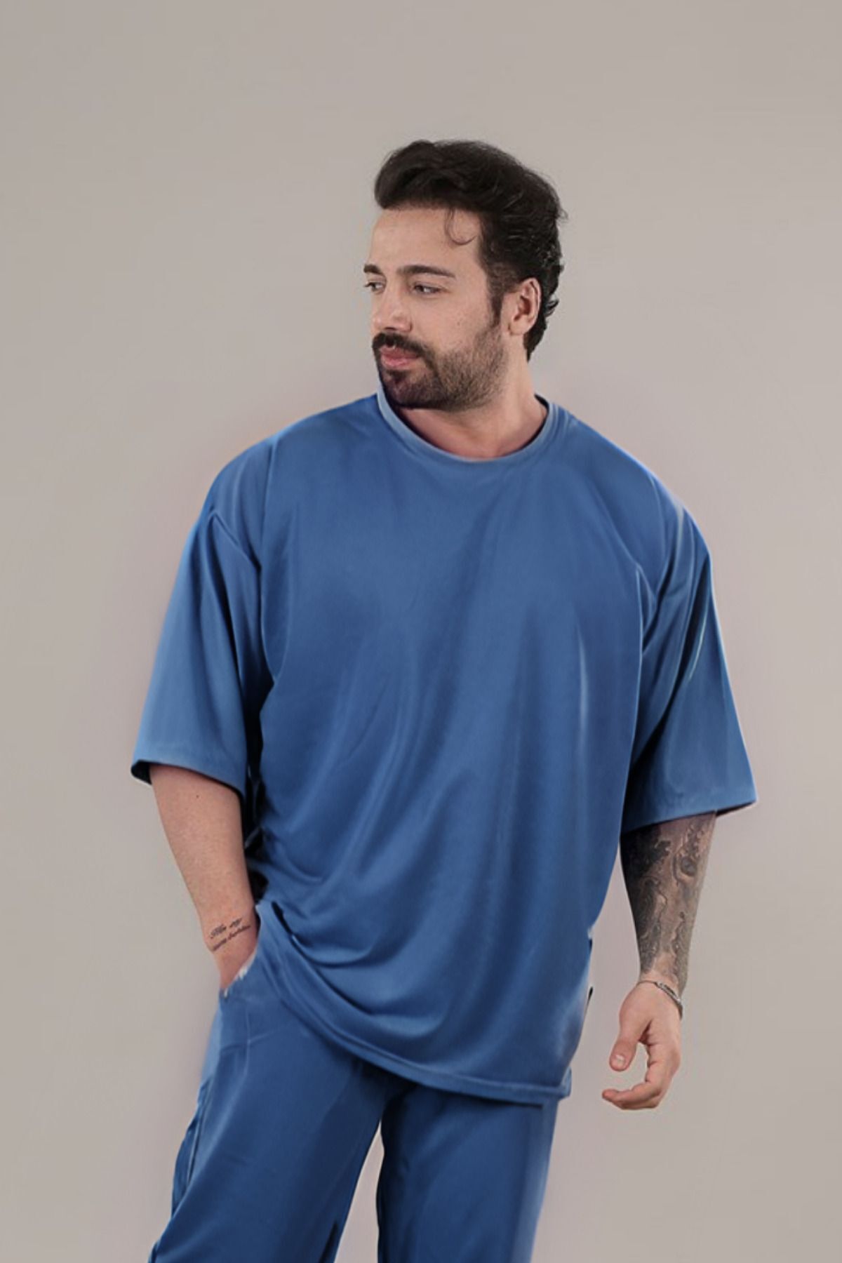 Erkek Oversize Comfort Penye T-shirt - İndigo - 1