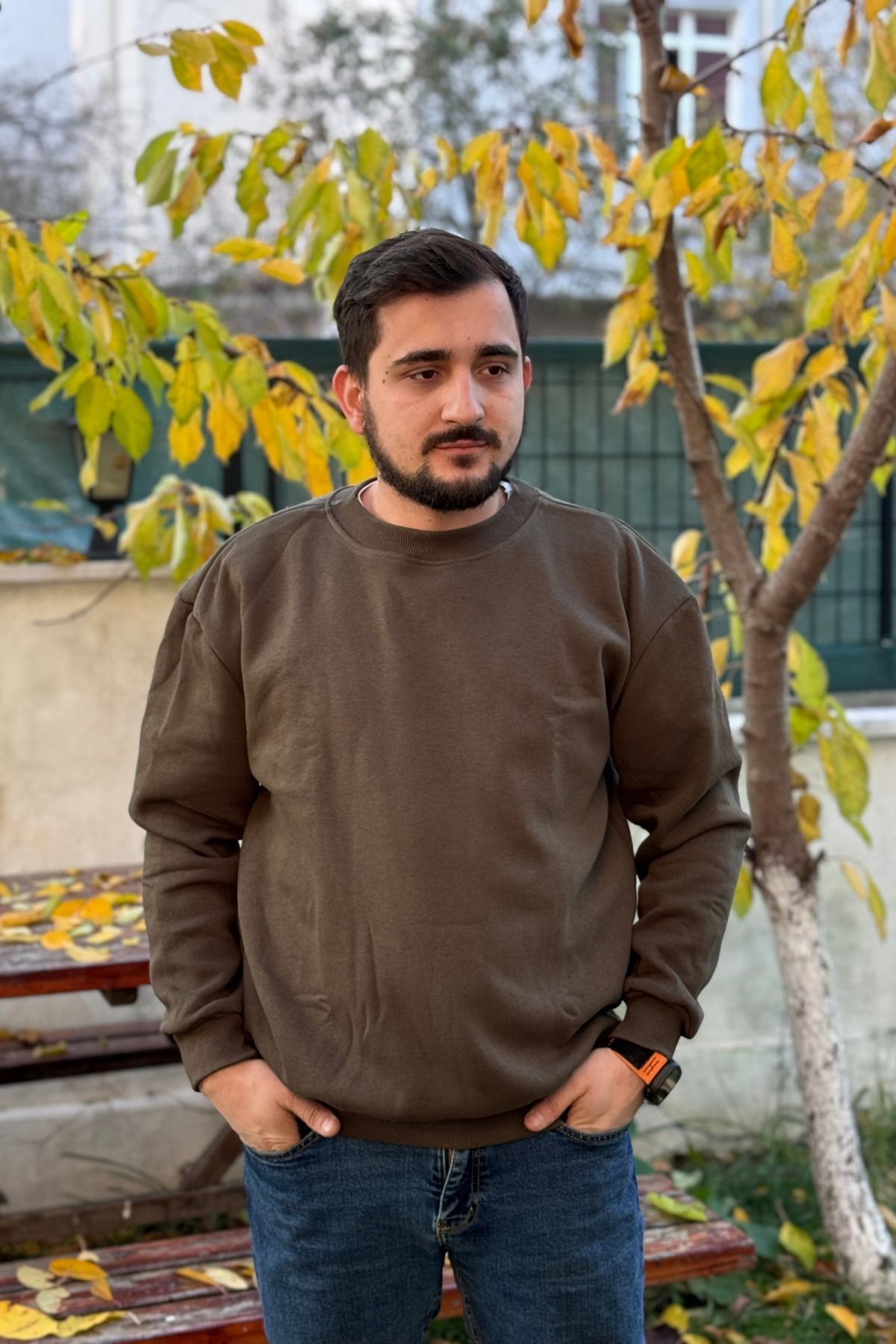 Erkek Haki Bisiklet Yaka İçi Polarlı 3 İplik Pamuklu Regular Fit Unisex Sweatshirt - Haki - 4